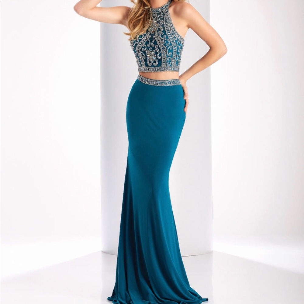 Clarisse 3006 Sheer Beaded 2 Piece Teal Prom Dress